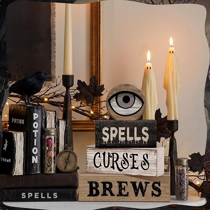 Moucuny 4 Pcs Halloween Table Decor Witchy Wooden Stacked Block Decor, "Spells Curses Brews" Signs with Eyeball Topper, Rustic Gothic Halloween Tiered Tray Decoration for Home Office Kitchen Shelf - Image 3