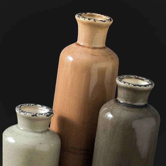 Ceramic Vase Set of 3, Neutral Flower Vases Home Decor, Pottery Rustic Farmhouse Decorative Vases Modern Decor for Table Mantel Entryway Bookshelf Living Room Kitchen Bedroom - Brown - Image 4