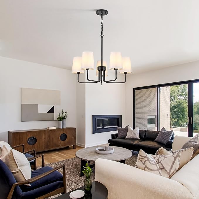 5-Light Farmhouse Chandelier with White Linen Shades | Adjustable Height 25"-76.5", Easy Install, Pendant Light for Kitchen Dining Room Foyer - Image 5