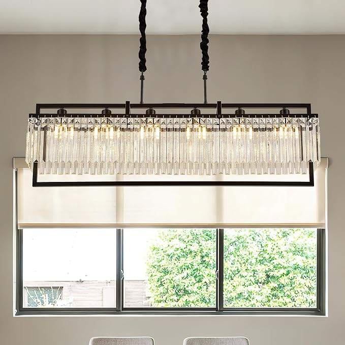 43.7" Modern Black Crystal Chandeliers for Dining Room, Luxury Rectangle 6-Light Kitchen Island Lighting, Linear Hanging Ceiling Pendant Light Fixture for Pool Table Entryway Foyer Hallway - Image 9