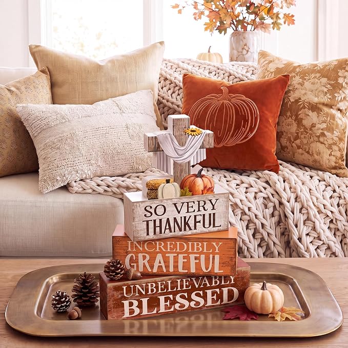 Moucuny 4 Pcs Fall Table Decoration for Home Religious Cross Stacked Signs | 4 Pcs Rustic Wood Stacked Sign with Cross and Harvest Elements. Great Thanksgiving Tabletop Decor for Home, Church, or Office - Image 4