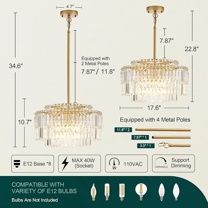 Modern 17.6“ Gold Crystal Chandelier Ceiling Light Fixtures for Dining Room Luxury Glam 8-Light Crystal Chandeliers Lighting for Bedroom Entryway Hallway Living Room Kitchen Island Foyer - Image 2