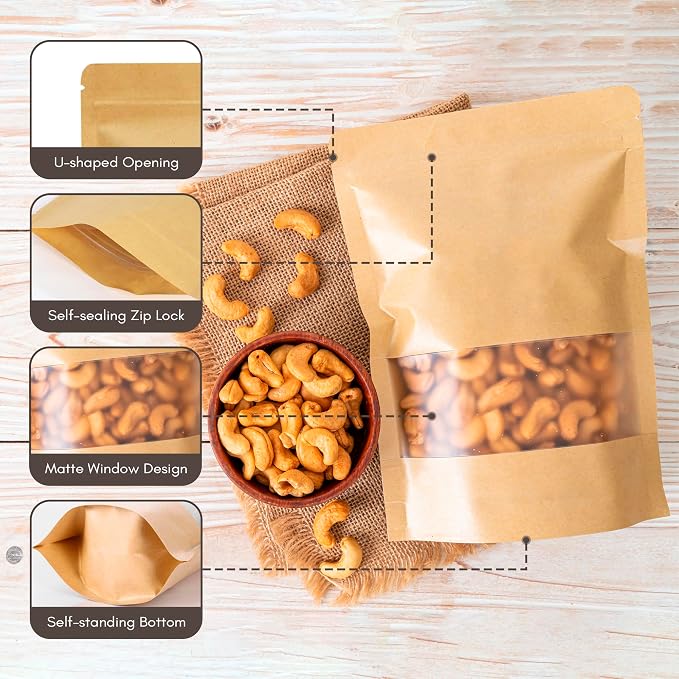 DiRose Kraft Stand Up Pouches with Window, Reclosable Food Storage Bags, Heat Sealable Stand Up Pouch for Coffee, Candy, Nuts, Tea, Spices – 12 oz (300 Pack) - Image 2