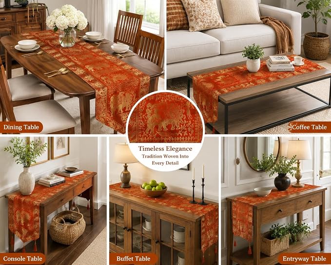 Indian Traditional Silk Table Runner 60 x 16 Inch, Elephant & Peacock Art Design Decorative Table Cloth, Orange Dining Table Runner for Kitchen, Living Room and Festive Home Decor - Image 3