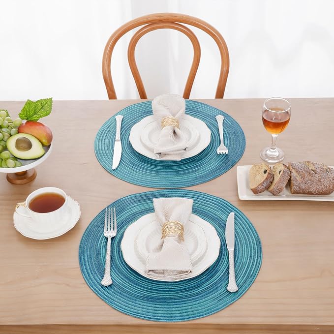 SHACOS 15 inch Round Placemats Set of 6 Variegated Multicolor Place Mats Cotton Polyester Braided Non Slip Washable Heat Resistant Table Mats for Home Wedding Dinner Party Table Decor, Rainbow Teal - Image 3