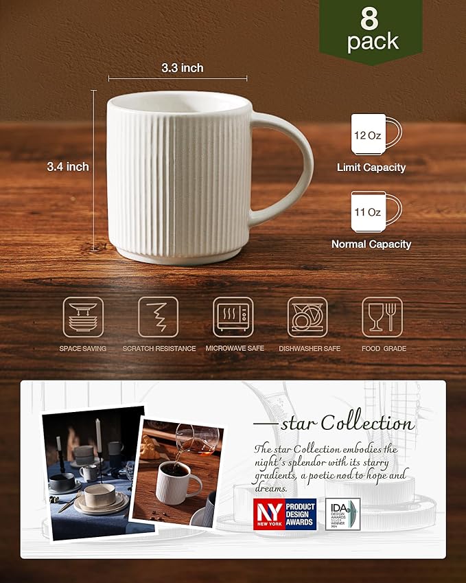 famiware Coffee Mug Set for 8, Star 12 oz Catering Mugs Cup Set with Handle for Coffee, Tea, Cocoa, Milk - Ceramic Stoneware Drinkware Set, Matte White - Image 3