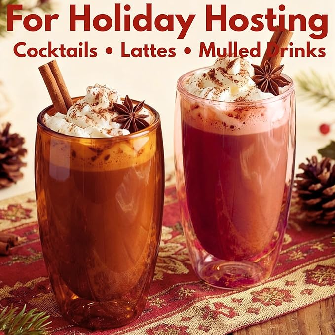 Double Wall Glass 15oz Insulated Glass Mug for Hot Beverage Coffee Tasting Christmas Drinks Home Café Cozy Nights Holiday Gifts Set in Amber Brown/Rose Pink