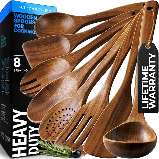 Zulay Kitchen Premium 8-Piece Wooden Spoons - Smooth Finish, Natural Teak Wood, Non-Stick, Handmade by ZulayKitchen