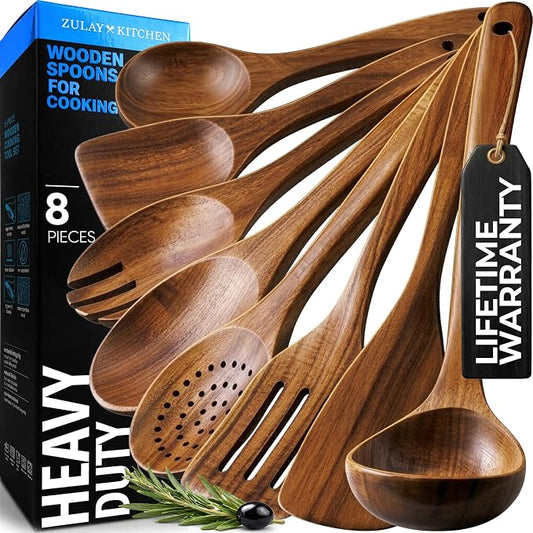 Zulay Kitchen Premium 8-Piece Wooden Spoons - Smooth Finish, Natural Teak Wood, Non-Stick, Handmade by ZulayKitchen