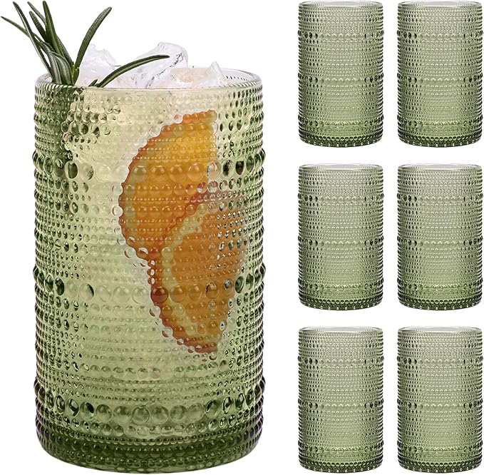 Moretoes 15oz Green Hobnail Drinking Glasses Set of 6 | Vintage Highball Glass Cups, Kitchen Drinkware Glassware for Beer,Cocktail,Whiskey,Juice and Various Mixed Drinks by Moretoes