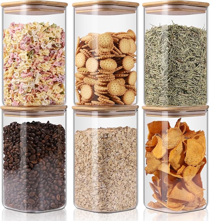 Glass Storage Jars 6 Pack -50oz (10cmx20cm)Clear Glass Food Storage Containers with Airtight Bamboo Lid Stackable Kitchen Canisters for Candy,Cookie,Rice,Sugar,Flour,Pasta,Nuts and Spice Jars(Square) by YUNCANG