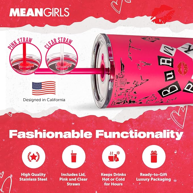 Dragon Glassware x Mean Girls Burn Book Tumbler with Straw & Lid, 24 oz | Vacuum Insulated Stainless Steel Tumbler with Straw & Lid; Double Walled Tumbler; Official Mean Girls Cup - Image 3