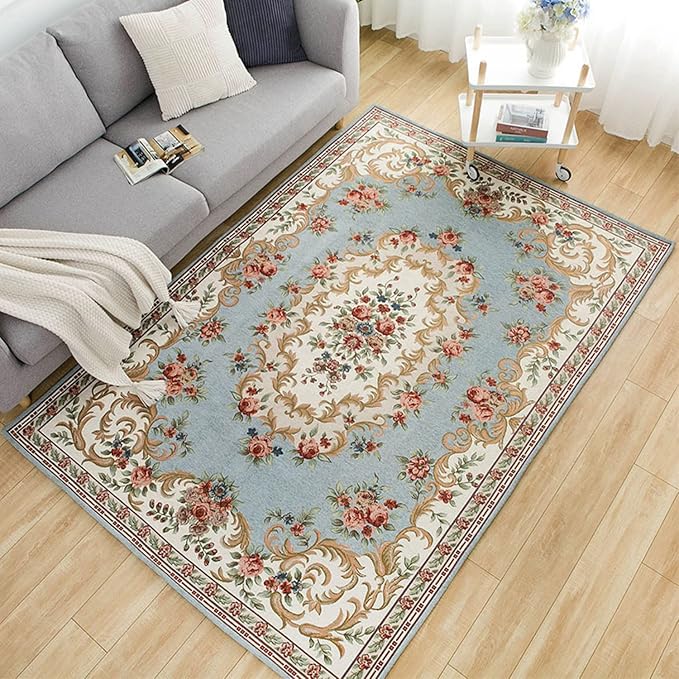 Home Decor Non-Shedding Washable Area Rugs Floral Design Accent Rugs Carpet for Bedroom Living Room Dining Room, 6′6″ × 9′6″, Luxury Blue by Ukeler