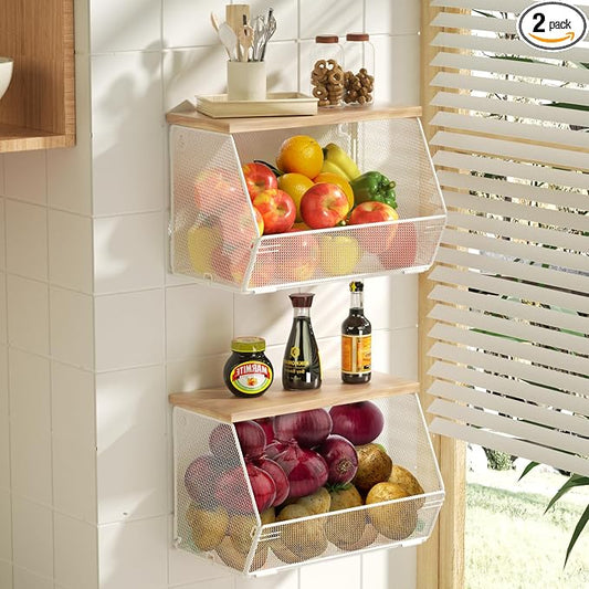 2 Tier Fruit Basket for Kitchen Counter, Stackable Onion and Potato Storage Basket, Wall Mounted Wire Basket with Wood Lid, Hanging Kitchen Storage Vegetable Organizer, 11.8 x 7.1 x 8.6 Inch by Litwaro