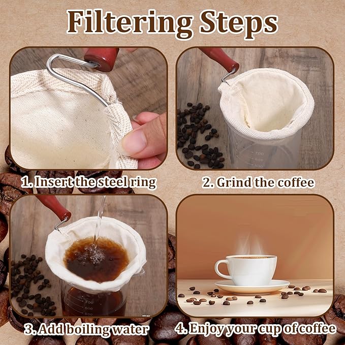 Reusable Cloth Coffee Filter with Wooden Handle Washable Flannel Cloth Coffees Sock Filter More Sense of Ritual Handmade Tea Strainer Clothes Filters Bag for Coffees Lovers Home Office Use