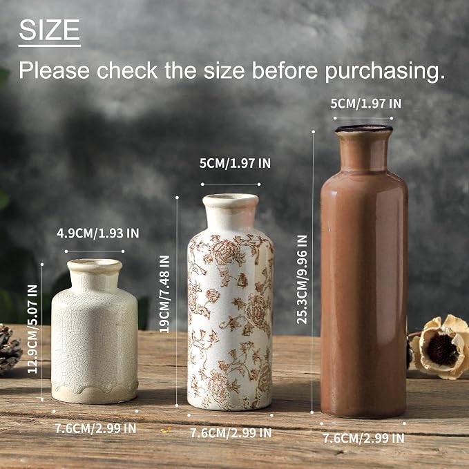 Vintage Vase Set of 3, Ceramic Vintage Flower Vases, Chinoiserie Decorative Home Decor Retro Floral Vase Rustic Farmhouse Decor for Table Bookshelf Mantel Kitchen Living Room Office - Brown - Image 2