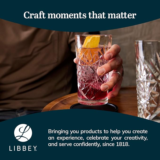Libbey Hobstar Cooler Glasses, Cut Glass Drinking Glasses Set of 4, Hi-Ball Textured Drinking Glasses, 16 oz Cocktail Glass Set for Soda, Mixed Drinks - Image 6