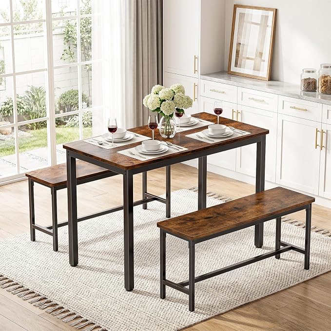 Dining Table Set for 4, Kitchen Table with 2 Benchs, Brown | Modern Functional 3 Piece Space-Saving Dining Room Table Set for Apartment, Breakfast Nook, Small Space - Image 4