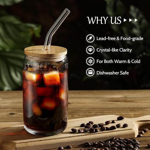 [ 12pcs Set ] Glass Cups with Bamboo Lids and Glass Straw - Beer Shaped Drinking Glasses, 16 oz Iced Coffee Glasses, Cute Tumbler Cup for Smoothie, Boba Tea, Whiskey, Water - 4 Cleaning Brushes - Image 3