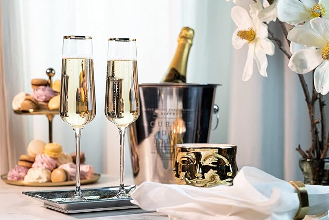 Gold Rim Champagne Gift Glasses | Set of 2 | Crystal Square Toasting Flutes for Bride and Groom, Wedding, Anniversary, Birthday | Elegant Long Stemmed Glassware for Sparkling Wine, Prosecco - Image 3