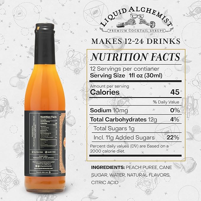 Liquid Alchemist Peach Syrup for Drinks - Real Ingredients Make our Peach Puree for Cocktails a Perfect Bellini Mix - Our Flavored Syrup is Non-GMO & Vegan (12.7 oz)