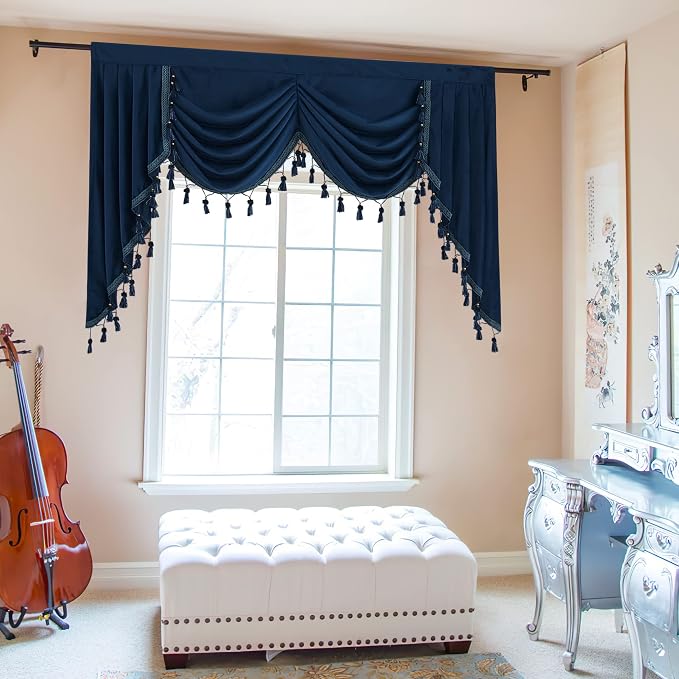 Navy Blue Waterfall Velvet Valances Curtains W59 inches, 1 Panel | Rod Pocket Waterfall Valance, Thermal Curtain Tiers, Vintage Style Match Home Decoration for Bathroom, Bay, French Door - Image 2