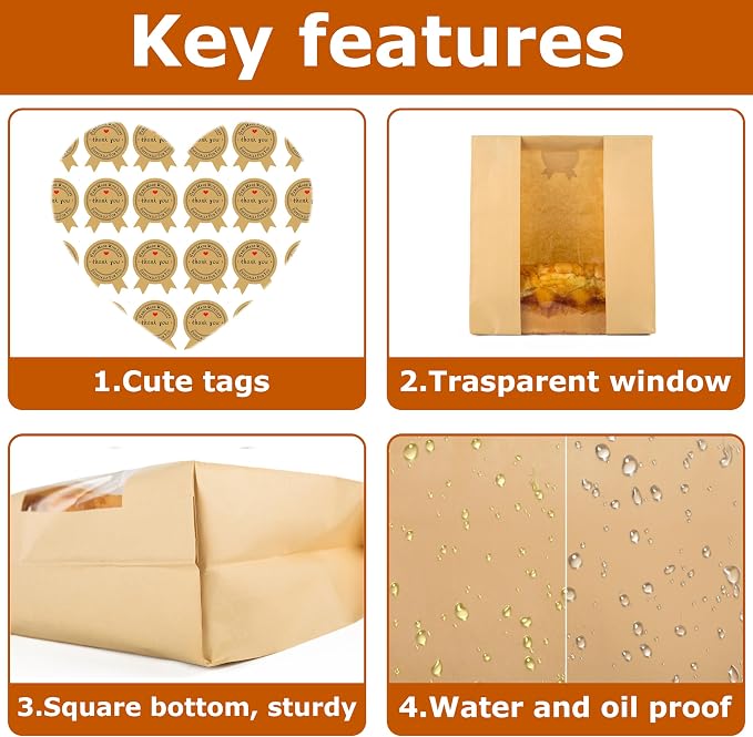 50 Pcs Bread Bags for Homemade Bread with Window & 60 Sealing Stickers | Food-grade kraft paper (13.7x8.2x3.7in), tear, water & grease resistant. Ideal for cookies, snacks, bagel and bread storage. - Image 3