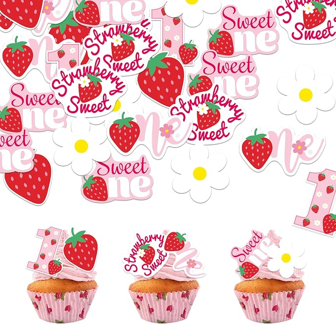 42Pcs Edible Strawberry Sweet One Cupcake Toppers Wafer Paper Birthday Strawberry Cupcake Picks for Baby Shower Kids Birthday Party Cake Decorations Supplies by Unknown