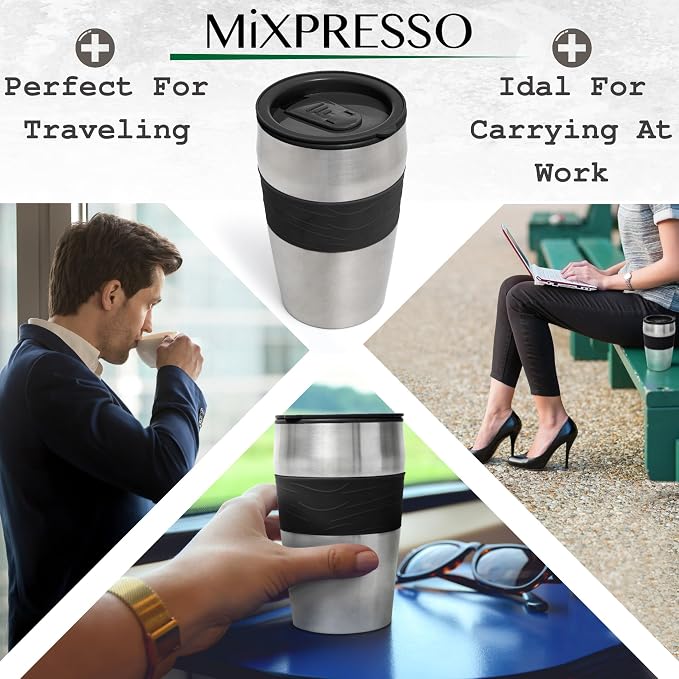 Mixpresso Single Serve & Single Cup Coffee Maker with 14oz Travel Mug Black | For ground coffee only, reusable filter, auto shut off. Compact personal drip coffee maker, not compatible with K-Cup pods. - Image 6