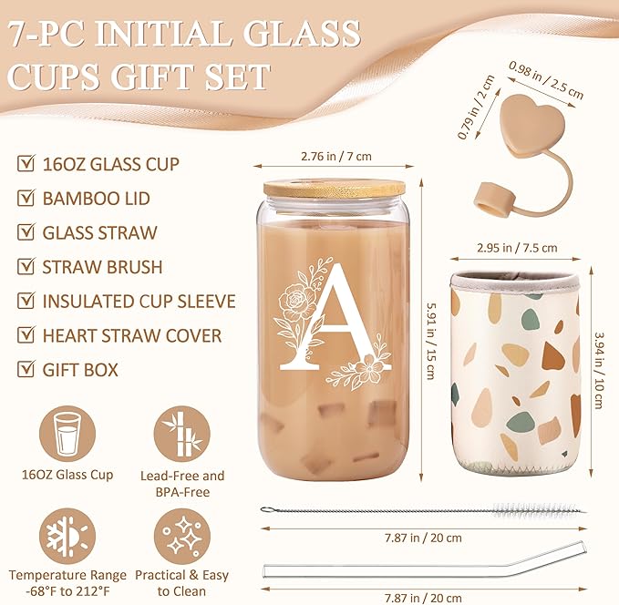 Personalized Gifts for Women, Monogrammed Gifts for Women, Initial 16 oz Glass Cups With Lids and Straws, Customized Mug, Personalized Birthday Gifts Christmas Gifts for Her Mom Friend Woman, A