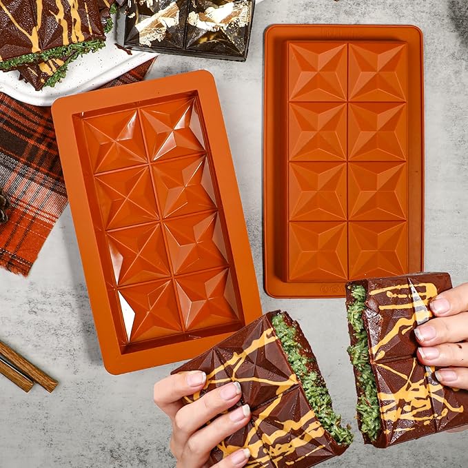 Webake 1 Inch Deep Dubai Chocolate Bar Mold Deep with Diamond Shapes, Silicone Large Stuffed Chocolate Bar Mold Thick, Big Chocolate Candy Bar Mold for Filling Knafeh Pistachio, Pack of 2