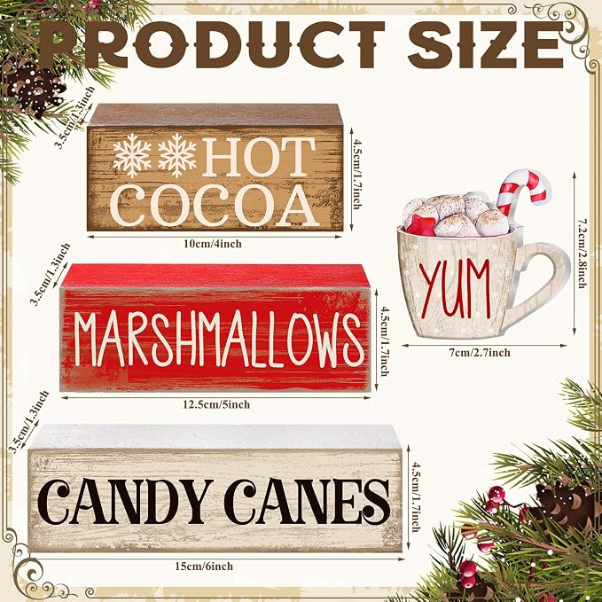 Moucuny 4 Pcs Wooden Christmas Tabletop Decor Hot Cocoa Tiered Tray Decor Rustic Wood Hot Cocoa Block Sign Gift Merry Christmas Centerpiece Farmhouse Winter Table Decoration - Image 3
