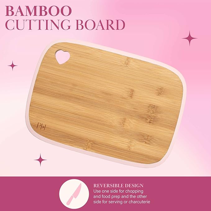 Paris Hilton Bamboo Cutting Board for Kitchen, Reversible Cutting Board and Cutlery Set with High Carbon Stainless Steel Knives and Blade Guards, Comfortable Handle Grips, 7-Piece Set, Gold and Pink - Image 7
