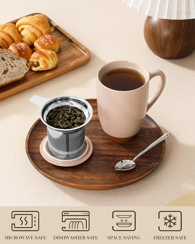 MALACASA Ceramic Tea Mug with Lid and Stainless Steel Infuser, 18 oz Large Tea Cup for Loose Leaf Tea, Heat-Resistant, Microwave & Dishwasher Safe, Speckled Glaze Coffee & Tea Brewer Mug, Khaki Pink - Image 4