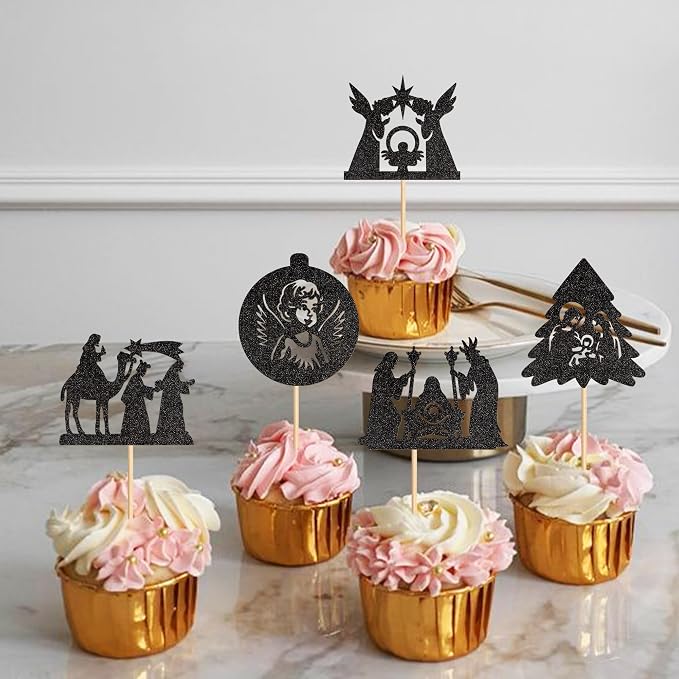 25Pcs Religious Baby Cupcake Toppers Black Glitter Christmas Cake Picks for Christian Baby Shower Birthday Party Cake Decorations - Image 6