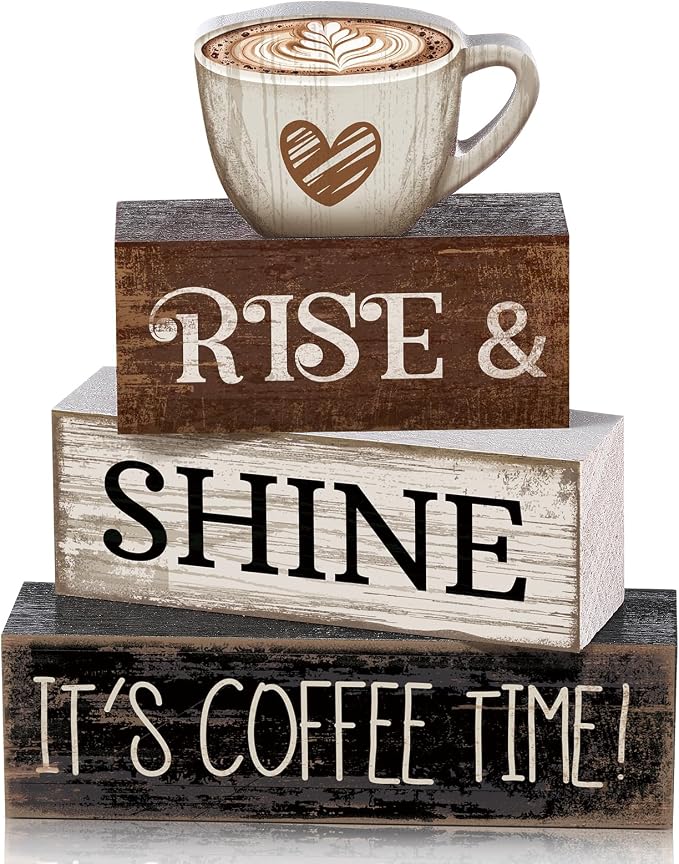 Moucuny 4 Pcs Farmhouse Coffee Bar Sign Decor Wooden Cup Rise & Shine It's Coffee Time Rustic Wood Cafe Sign Gift for Home Kitchen Tabletop Decor by Moucuny