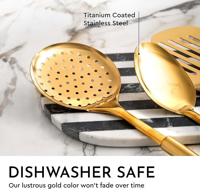 Styled Settings Gold Cooking Utensils Set, 5-Piece | Stainless Steel Kitchen Tools for Modern Cooking and Serving - Ladle, Spoon, Spatula, Pasta Fork - Brass Kitchen Accessories - Image 6