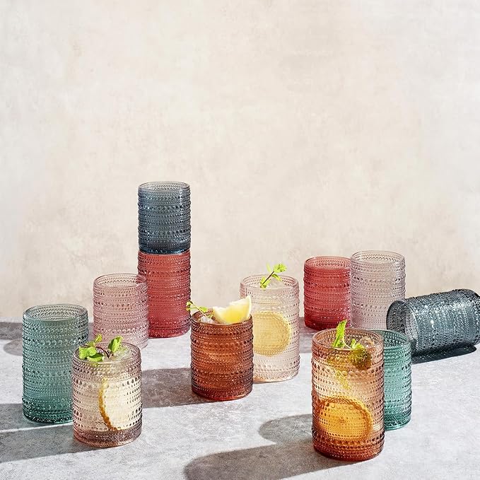 Hobnail Highball Glasses, Vintage Beaded Tumblers Set of 12, 14 & 11 oz | Vintage Beaded Design, Embossed Bubble Texture, Comfortable Grip, Ideal for Water, Whiskey, Cocktails, Wine & Mixed Drinks, - Image 8