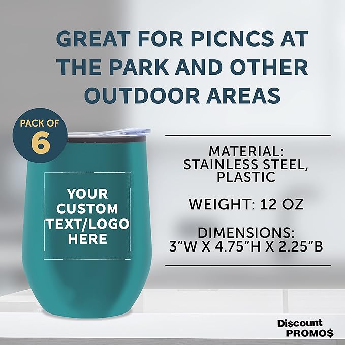 Custom Stemless Wine Tumblers 12 oz. Set of 6, Personalized Bulk Pack - Insulated, Perfect for Wine, Cocktails, Other Hot & Cold Beverages - Teal