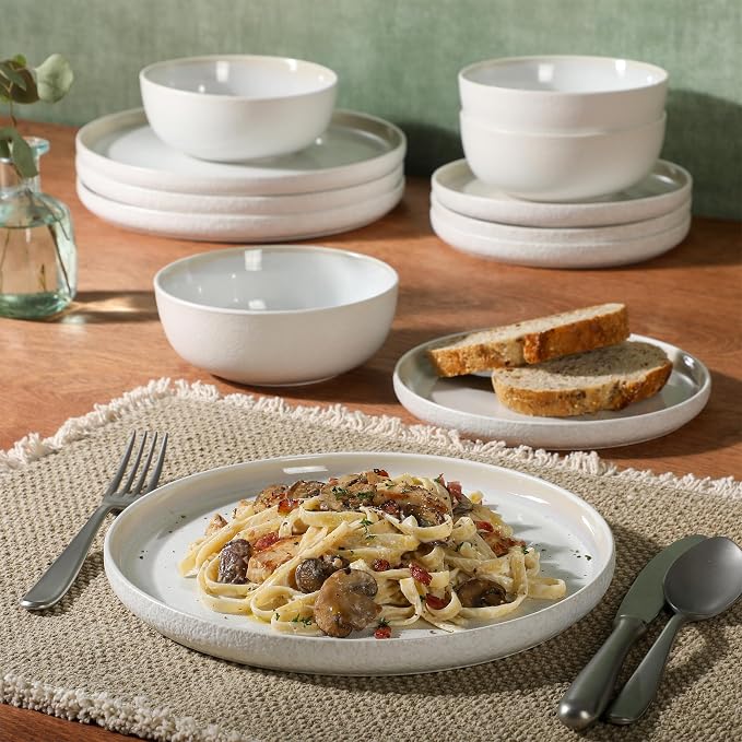 Gibson Elite Tahoe Sunset 12 Piece Stoneware Reactive Glaze (Service for 4) Ceramic Plates and Bowls Dinnerware Set - Cream White - Image 5