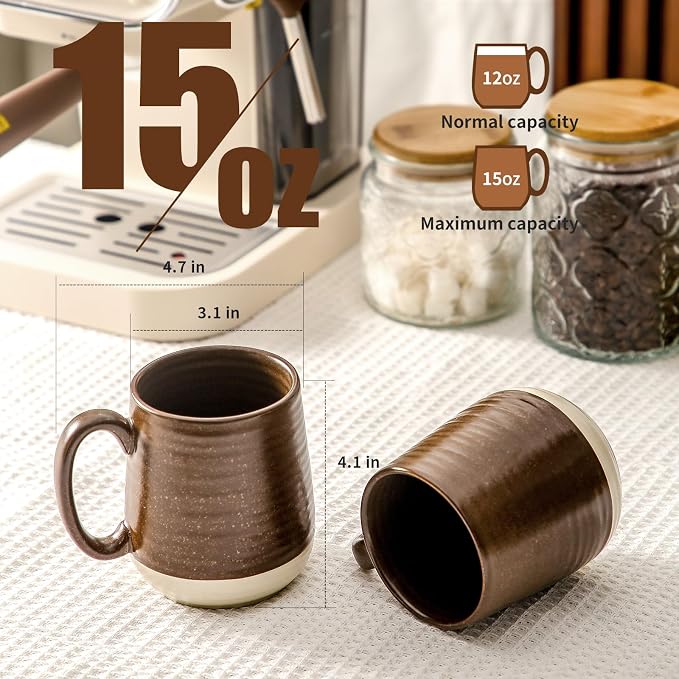 HASENSE Porcelain Coffee Mugs Set of 4-15 Ounce Large Ceramic Coffee Cups Set with Handle for Latte, Tea, Cocoa and Hot Chocolate, Brown Coffee Mugs for Men and Women, Microwave Safe - Image 3