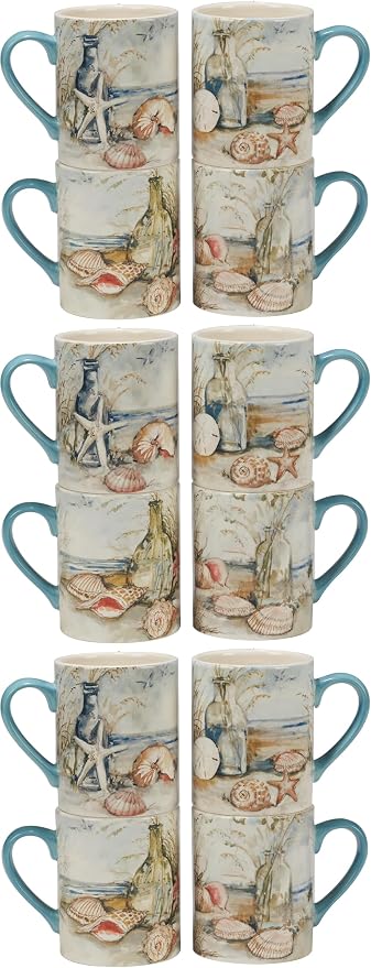 Coastal Landscape 16 oz. Ceramic Mugs – Set of 4 Assorted Beach Designs with Starfish, Shells & Ocean Bottles – Seaside Coffee Cups for Tea, Hot Cocoa, or Gifting – Blue Handle Accent (Pack of 3) by CERTIFIEDINTERNATIONAL