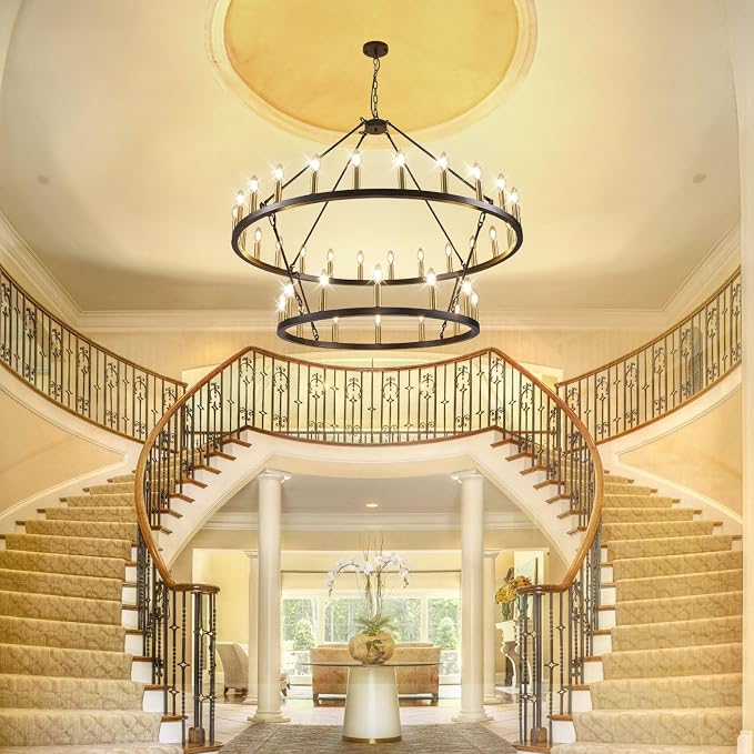47 Inch Round Black and Gold Chandelier, 2 Tier 36-Lights Farmhouse Wagon Wheel Chandelier, Rustic Dining Room Light Fixtures, Extra Large Foyer Chandeliers for High Ceilings, for Staircase, Entryway - Image 9