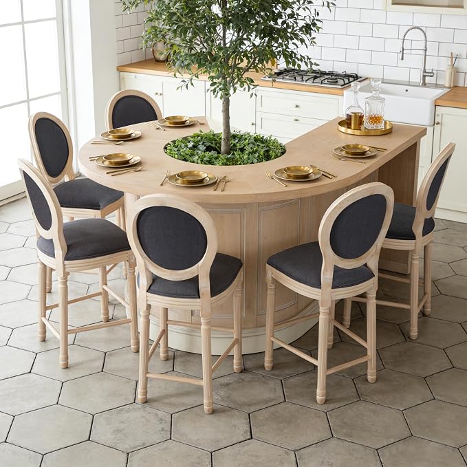 French Country Barstool, Linen Farmhouse Counter Height Chair | Set of 6, with Cushion Round Back and Solid Wood Legs, Oval Chairs for Restaurant, Bar, Kitchen, Café, Dark Grey - Image 2