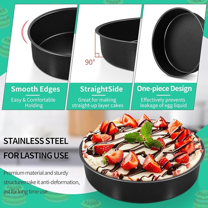 P&P CHEF 9.5 Inch Cake Pan Set, Non-stick Baking Pans for Cake, 4Pcs | Round Cake Baking Tins for Tier Smash Cakes, Bread, Non-Toxic & Solid, Stainless Steel Core & Leak-Proof, Black - Image 3