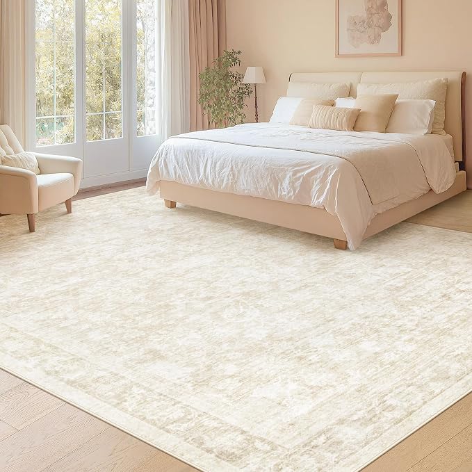 9x12 Area Rugs for Living Room: Washable Large Vintage Floral Rug Low Pile Non-Slip Boho Carpet for Bedroom Dining Home Office (Beige, 9'x12') - Image 5