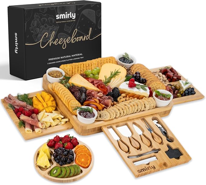 SMIRLY Charcuterie Boards Set, Large Cheese Board Set, Bamboo | House Warming Gift, Wedding Gift for Couple, Bridal Shower Gift, Cheese Board Gift Set, Detachable Drawer Design, 3-Drawer by Smirly