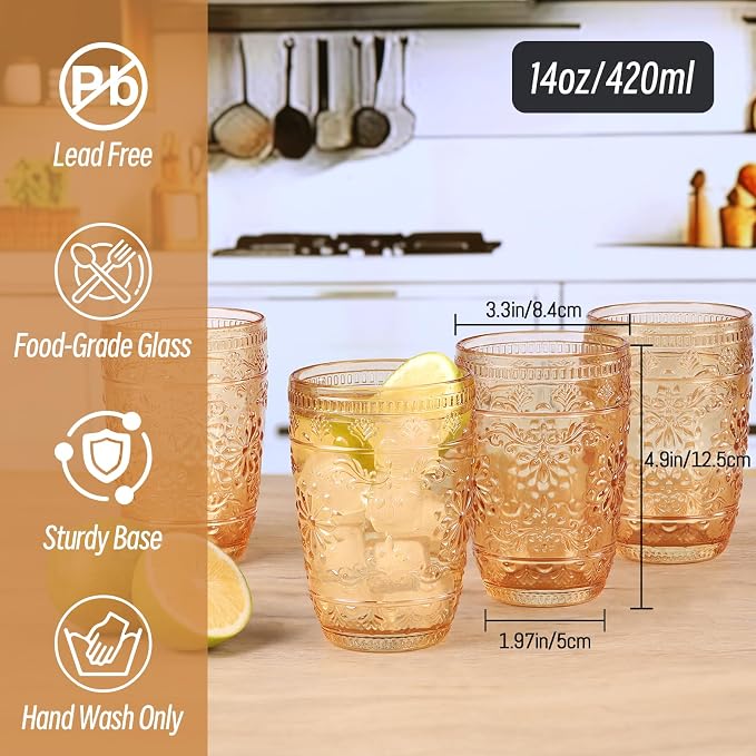 abrwyy Amber Drinking Glasses, Amber Glassware, 14oz Vintage Water Glasses | Lead-Free Glass, Thick&Durable Glass, Home Decoration, Vintage Drinking Glasses Set of 6 - Image 7