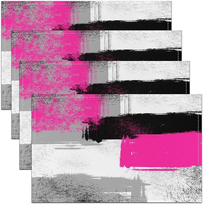 Feelyou Hot Pink Black Grey White Placemats Set of 4 for Kids Boys Girls Abstract Placemat for Kitchen Dining Table Decor Indoor Outdoor 18"x12" Ombre Modern Table Place Mats, Decor Buffalo Check by Feelyou