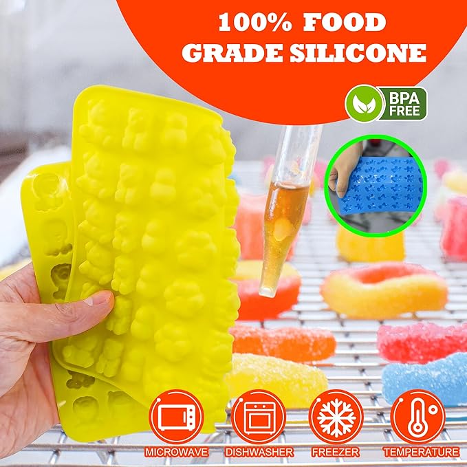 112PCS Mega Silicone Gummy Candy Molds Kit with 4 Droppers & 2 Brushes | BPA Free Non-Stick Molds 20 Shapes (Dinosaur/Donut/Fruit), Storage Box & 100 Wrappers